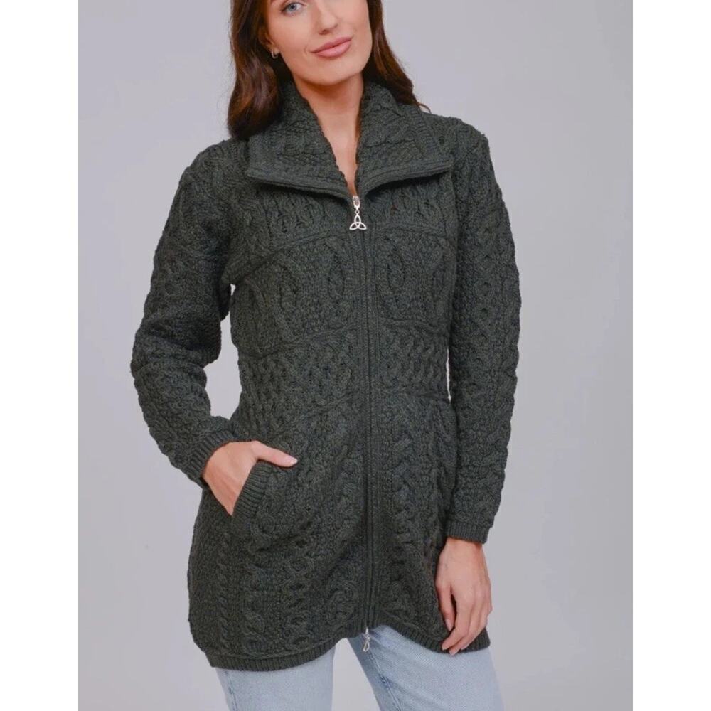 Aran Crafts Wool Sweater Collar Coat Cardigan Zip Cable Knit Dark Grey Sz XS - Picture 1 of 7